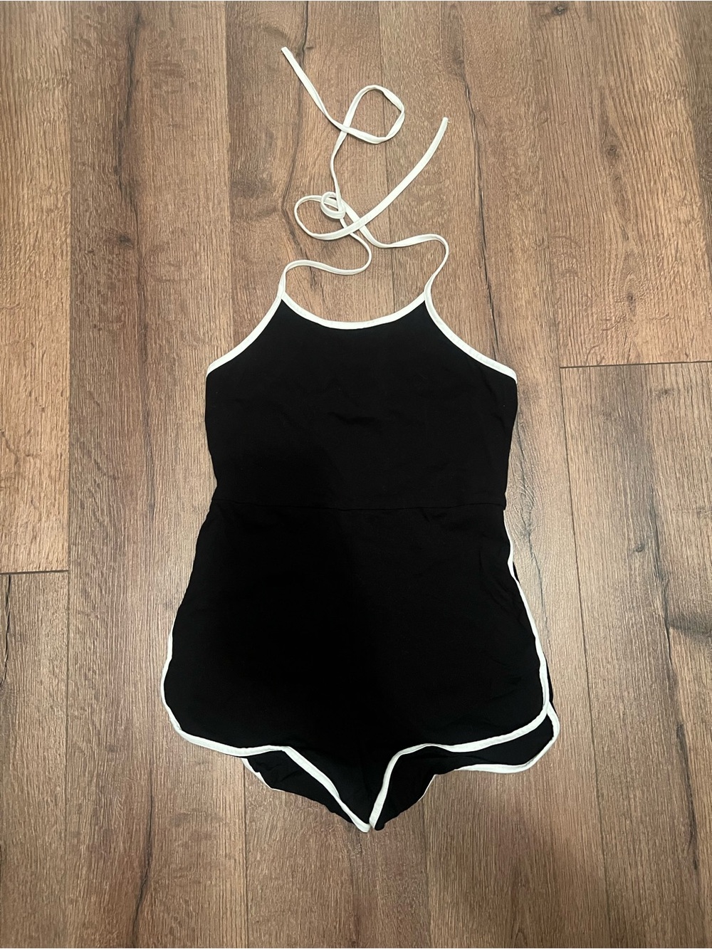 Black Halter Romper with White Piping